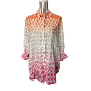 Chico’s Ombre Button Front Tunic Shirt pink Orang Cotton ROLL Sleeve Sz 3 XL